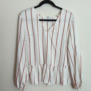 Nine West White & Orange Striped Peplum Blouse V-Neck Women's Size L